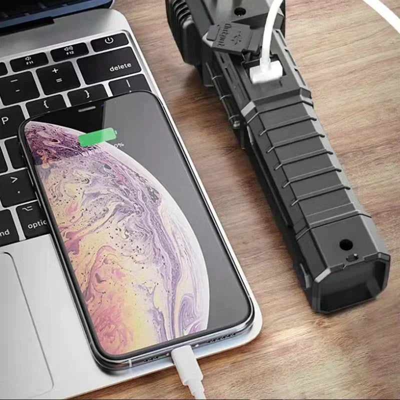 Rechargeable Tactical LED Flashlight & Power Bank with Safety Hammer