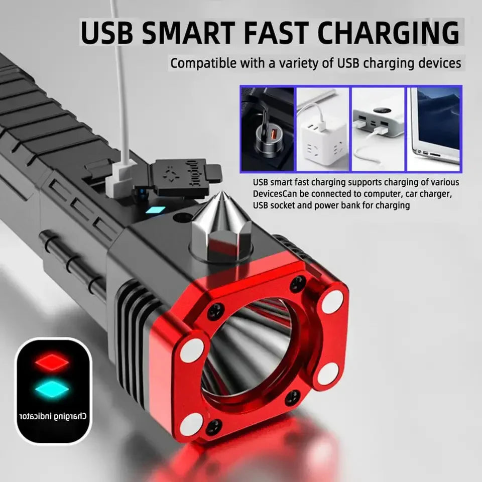 Rechargeable Tactical LED Flashlight & Power Bank with Safety Hammer